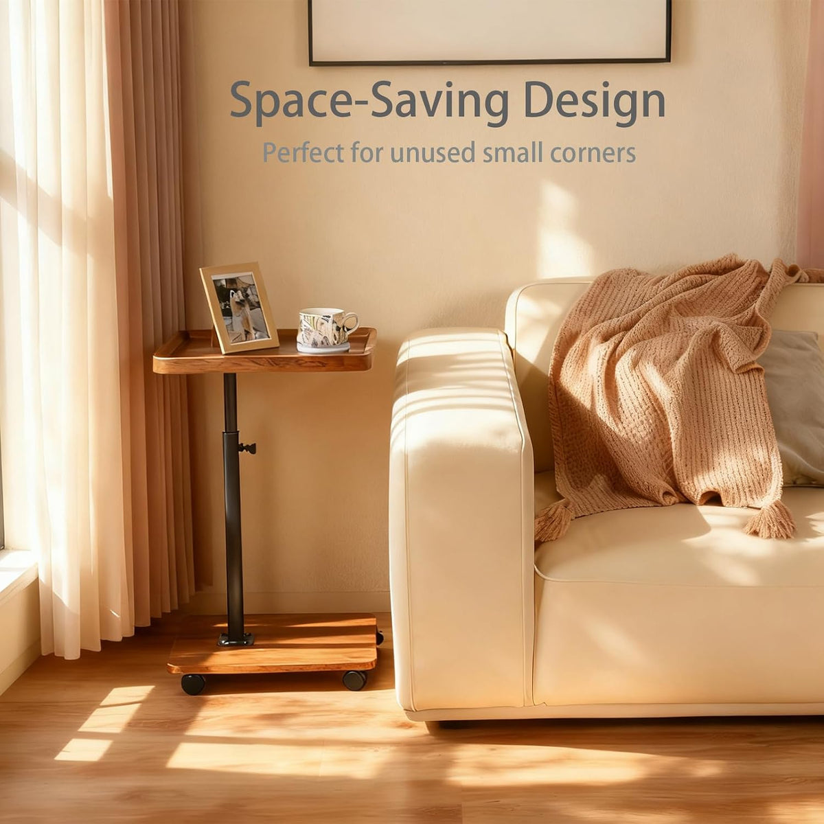 adjustable height couch tables that slide under sofa, close-up detail