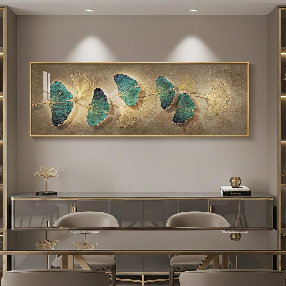 Framed Modern Luxury Narrow Wall Art for Living Room, Gold Teal Large Long Ho...
