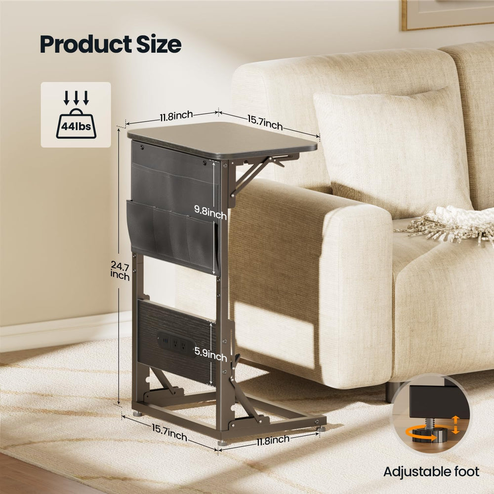HLDIRECT C Shaped End Table with Charging Station & Storage Bag Black