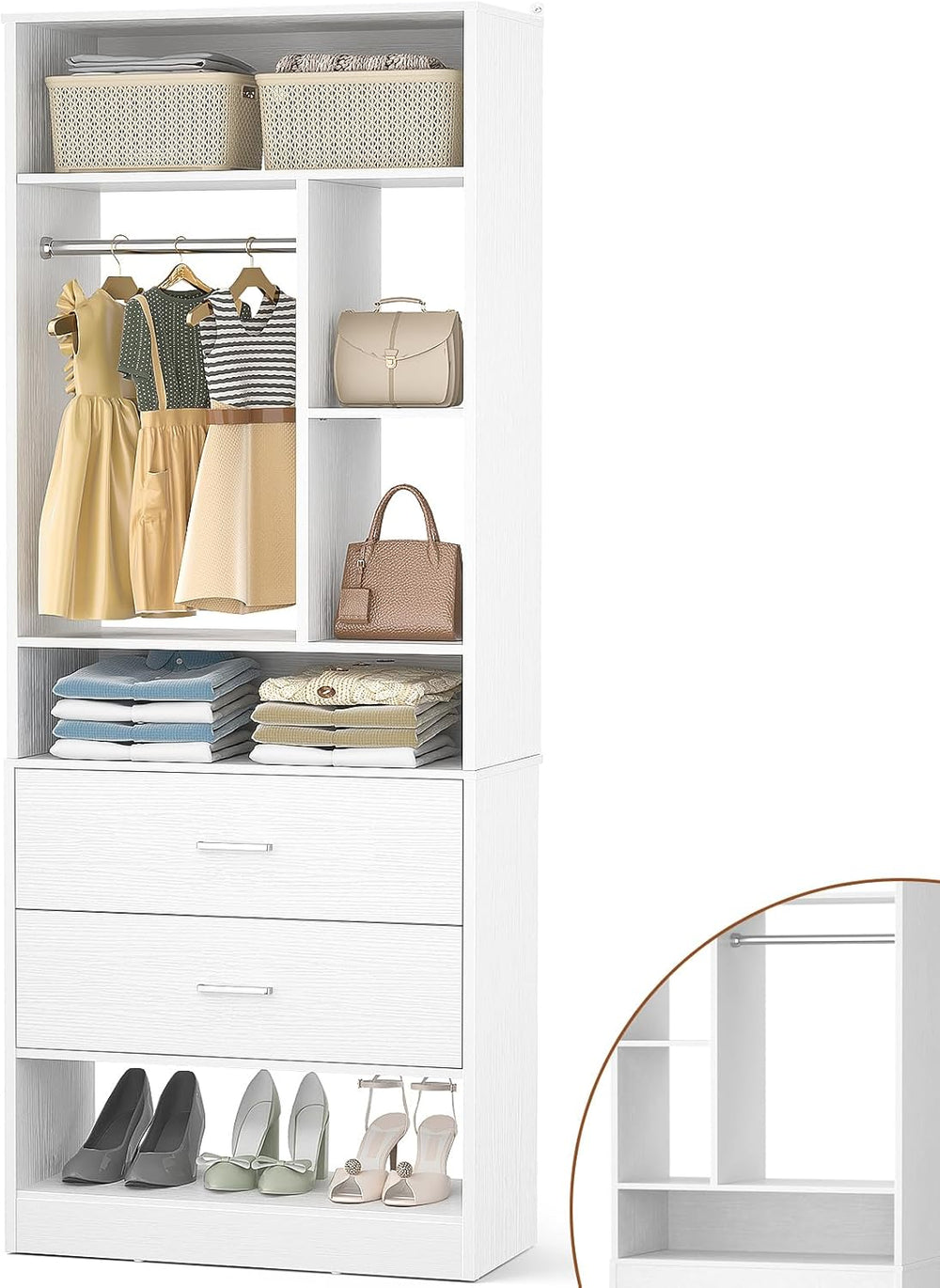 Besiost 2FT Small Closet System with 2 Drawers, Wooden Closet Organizer