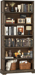 TVU 6 Tiers Wooden Bookshelf, 77.2" Tall Farmhouse Style Open Bookcase, 31.5" Wide Standing Book Shelf with Storage for Study Room, Living Room, Walnut Brown