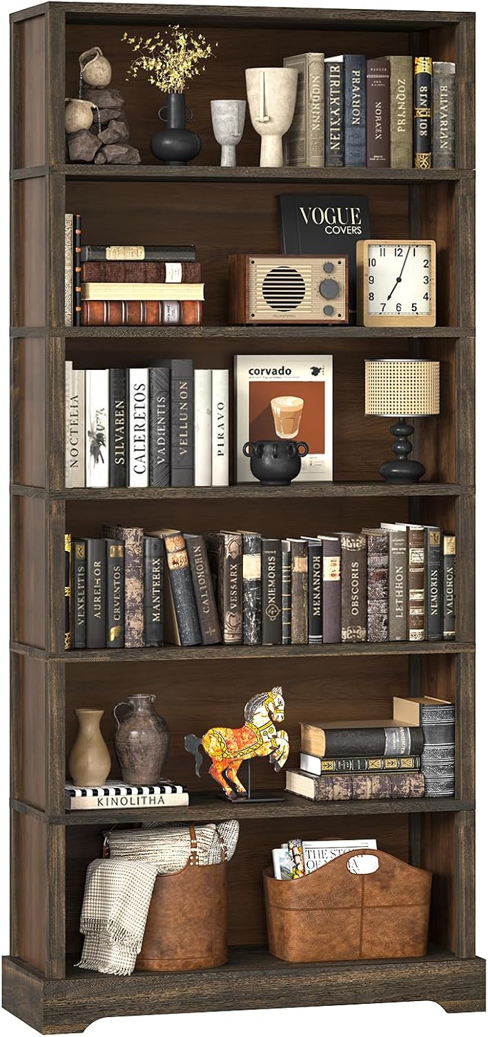 TVU 6 Tiers Wooden Bookshelf, 77.2" Tall Farmhouse Style Open Bookcase, 31.5" Wide Standing Book Shelf with Storage for Study Room, Living Room, Walnut Brown