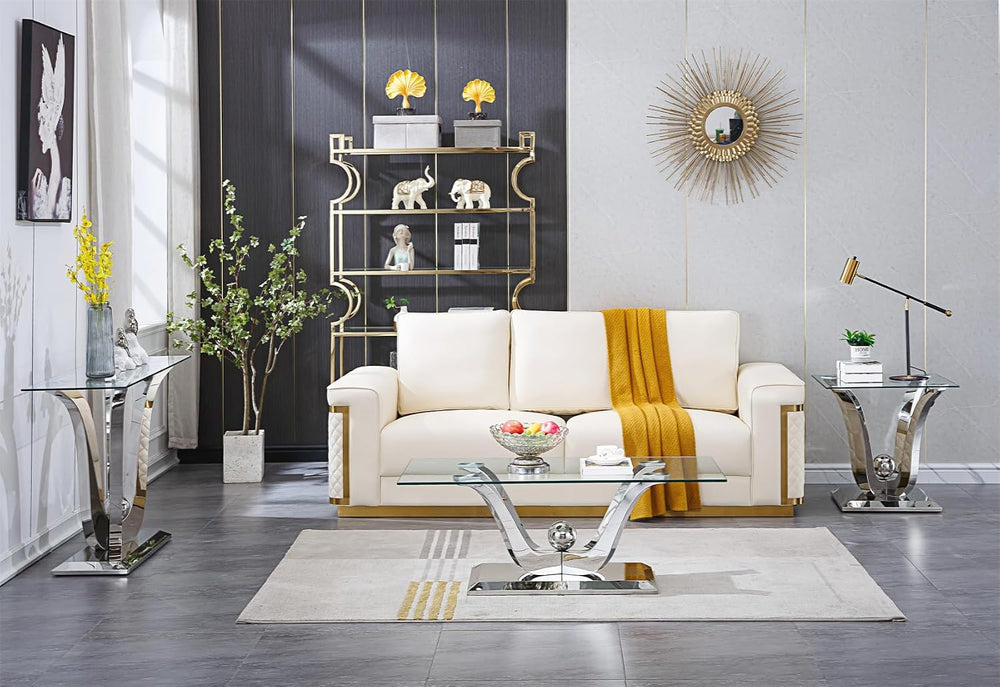 Luxury Glass Coffee Table Set of 3 Piece Silver Living Room Table Set of 3 In...