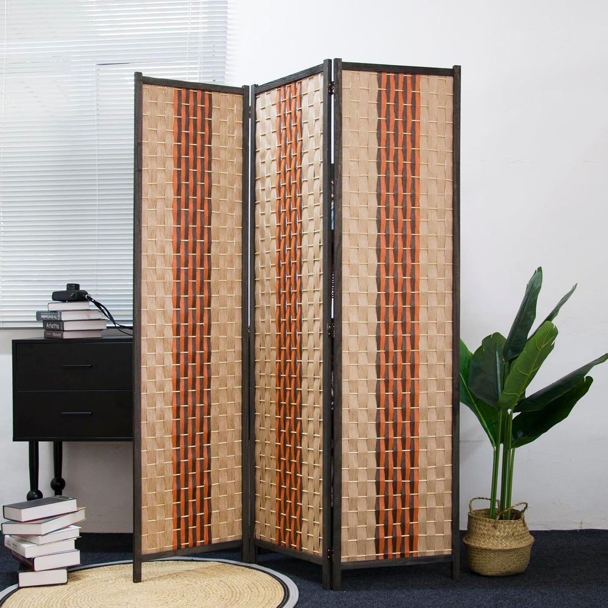 Furnnylane 3 Panel Rattan Room Divider, Beige Orange Folding Privacy Screen