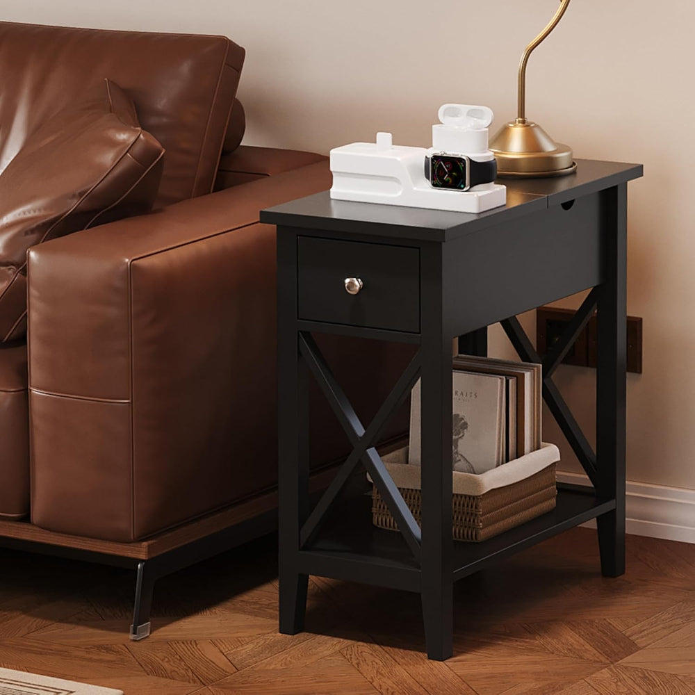 ChooChoo End Table, Flip Top Narrow End Table with Drawer