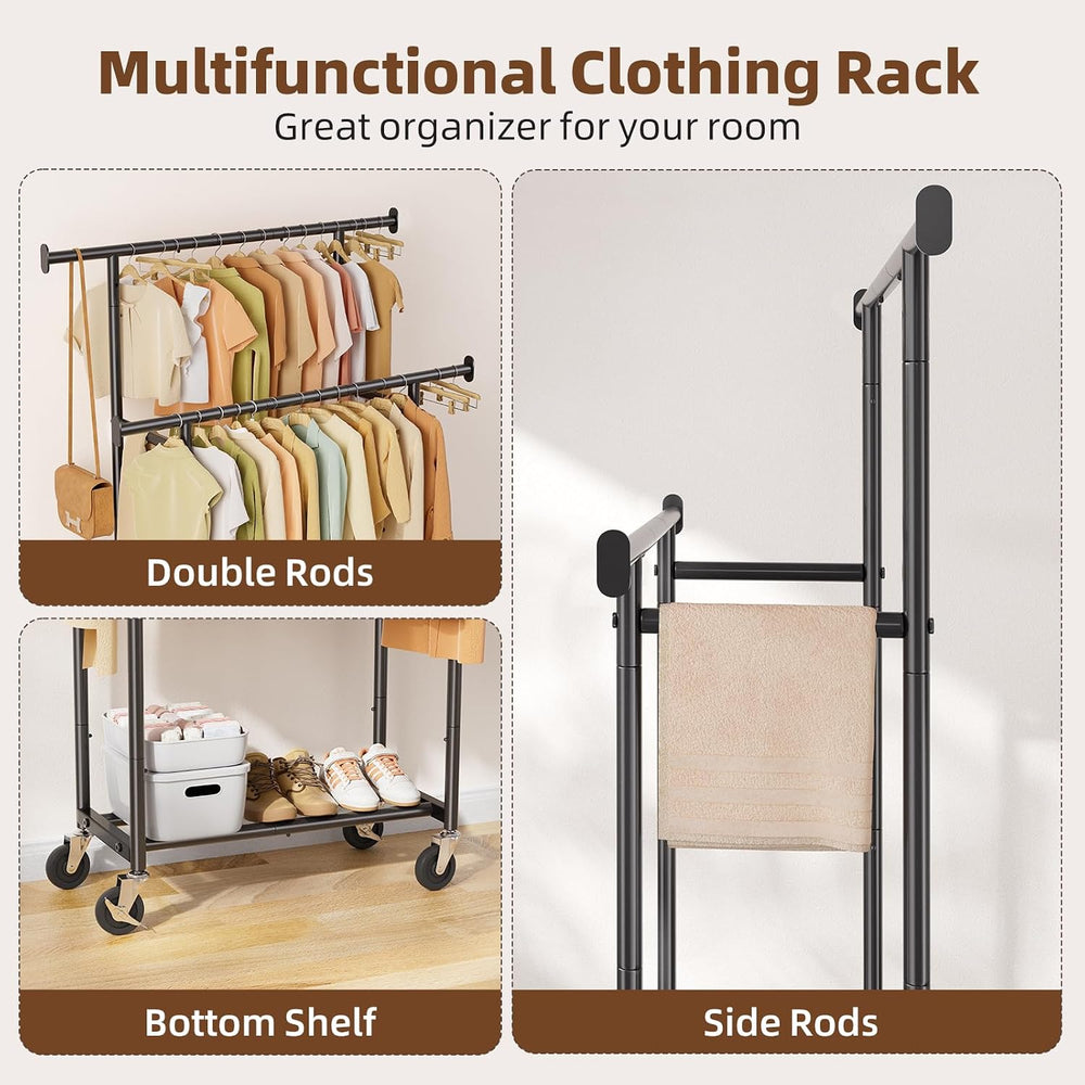 Simple Trending Clothes Rack, Double Rods Clothing Rack with Shelf, Black