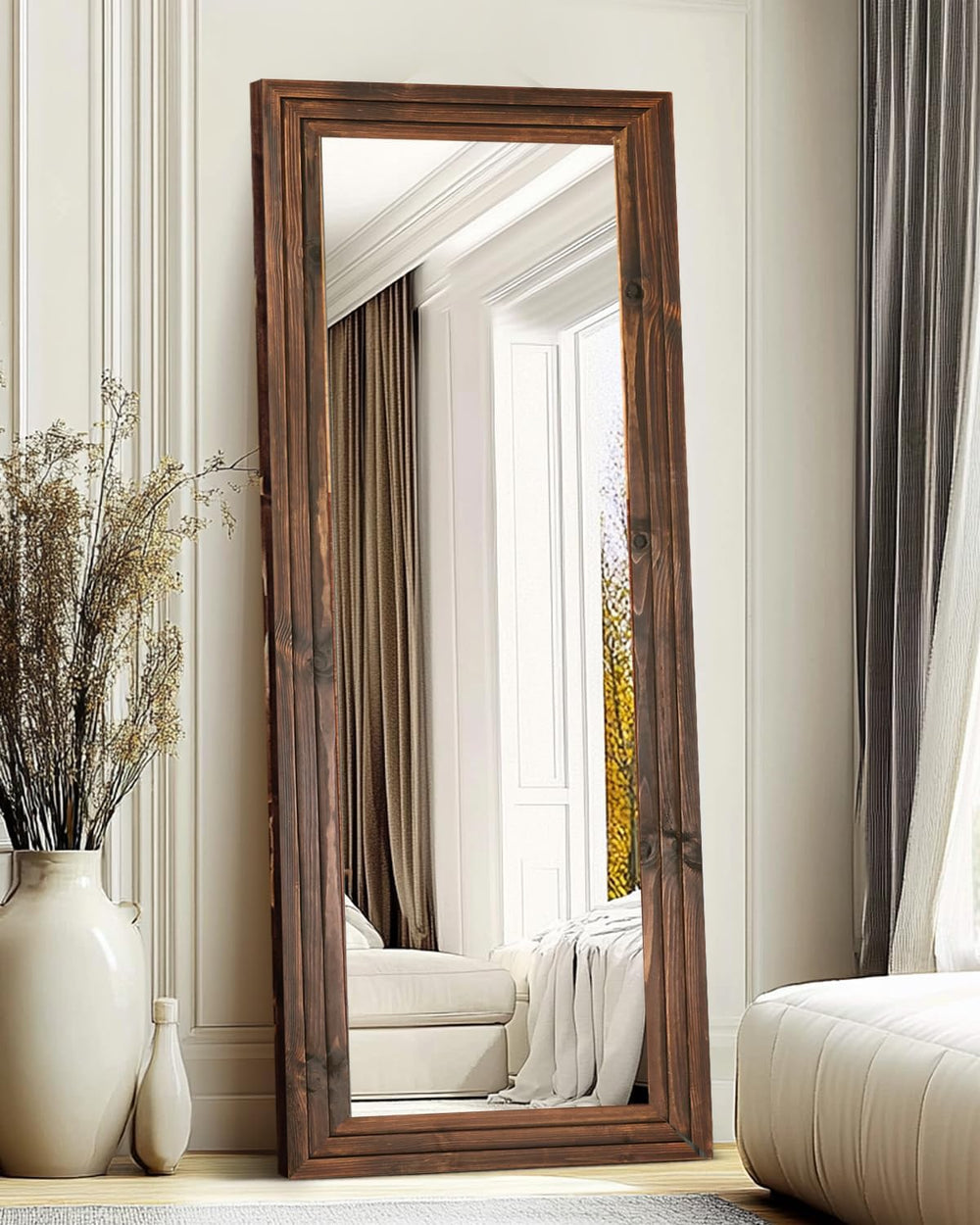65x24in Full Length Mirror, 3-Tier Stepped Solid Wood Frame, Brown