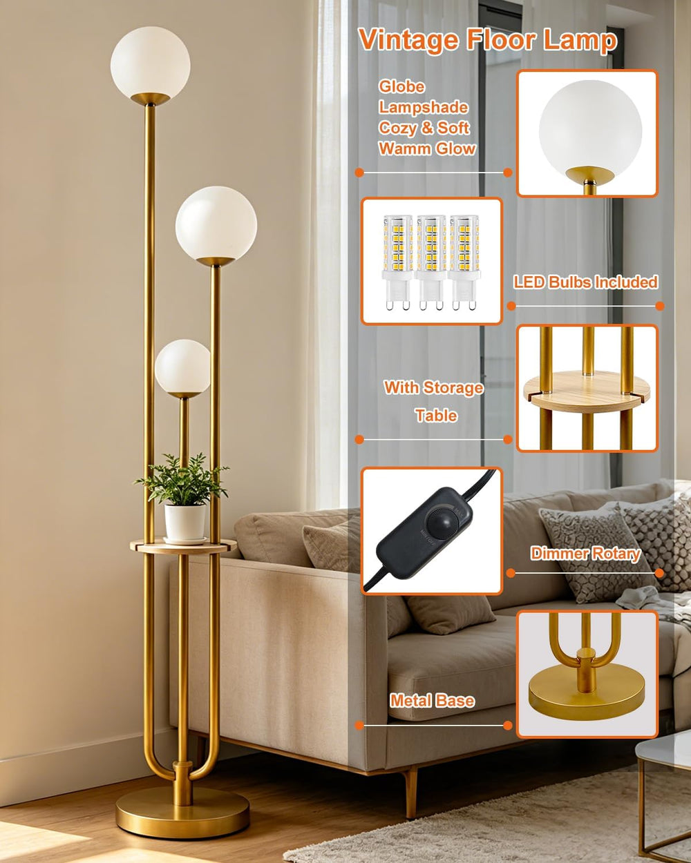 63IN Dimmable Gold Floor Lamp with Shelf Mid Century Standing Lamps with 3000...