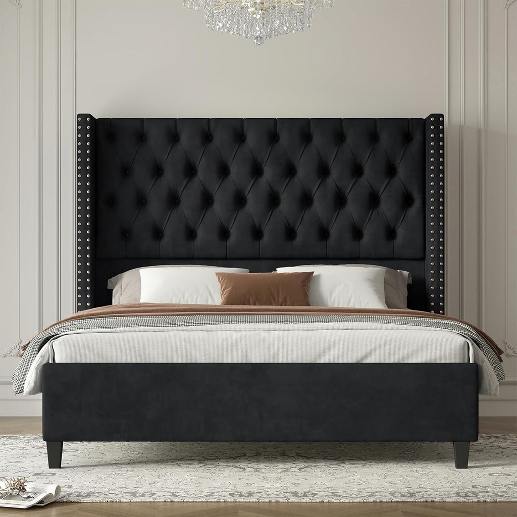 Jocisland King Size Bed Frame with 51.6" Velvet Wingback Headboard, Black
