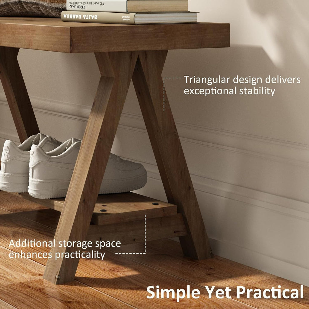 RowyPoey Solid Wood Bench, 30" Farmhouse Entryway Bench with Shoe Storage | Stable Triangular Leg, Rustic End of Bed Benches, Solid Hallway Seating, Dining Bench for Kitchen, Shoe Stool, Easy Assembly