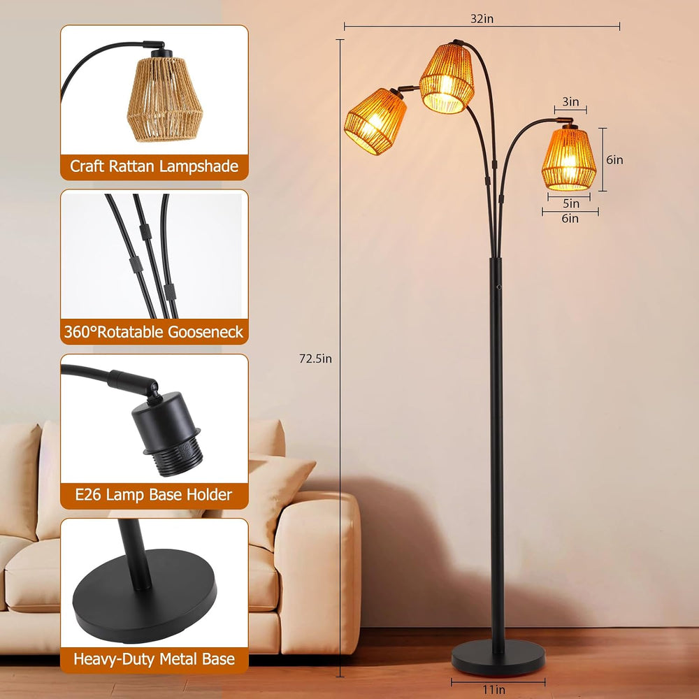 9MMML Vintage Black Arc Floor Lamp with Rotatable Arms & Rattan Lampshade...