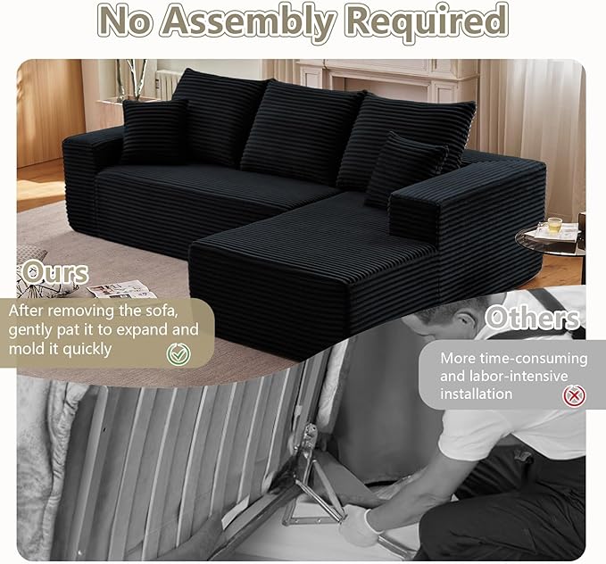 107" Modular Sectional Couches for Living Room, Comfy L Shaped Cloud Couch with Chaise Lounge, Modern Cozy Corduroy Deep Seat Floor Sofa, Memory Foam, No Assembly Required, Black
