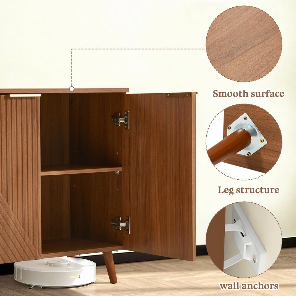 Fluted Brown Wood Sideboard Buffet Storage Cabinet with Doors