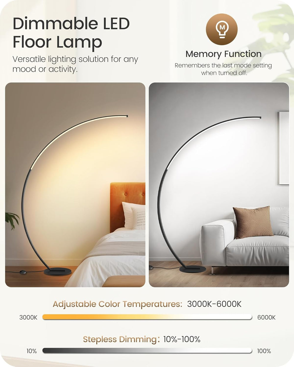 75" Dimmable Arc Floor Lamp with Remote & Foot Switch,LED Corner Flo...