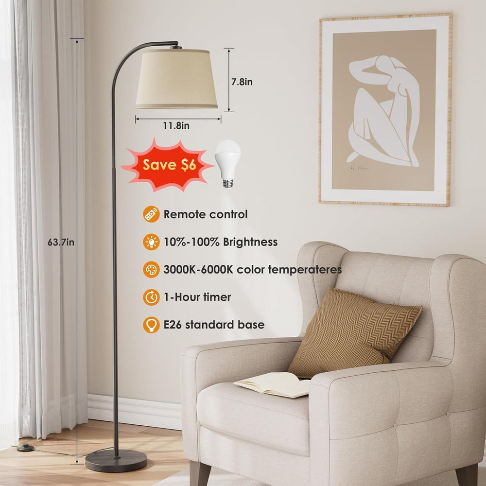 Karjoefar 64" 3 Color Dimmable Black Arc Floor Standing Lamp with Remote