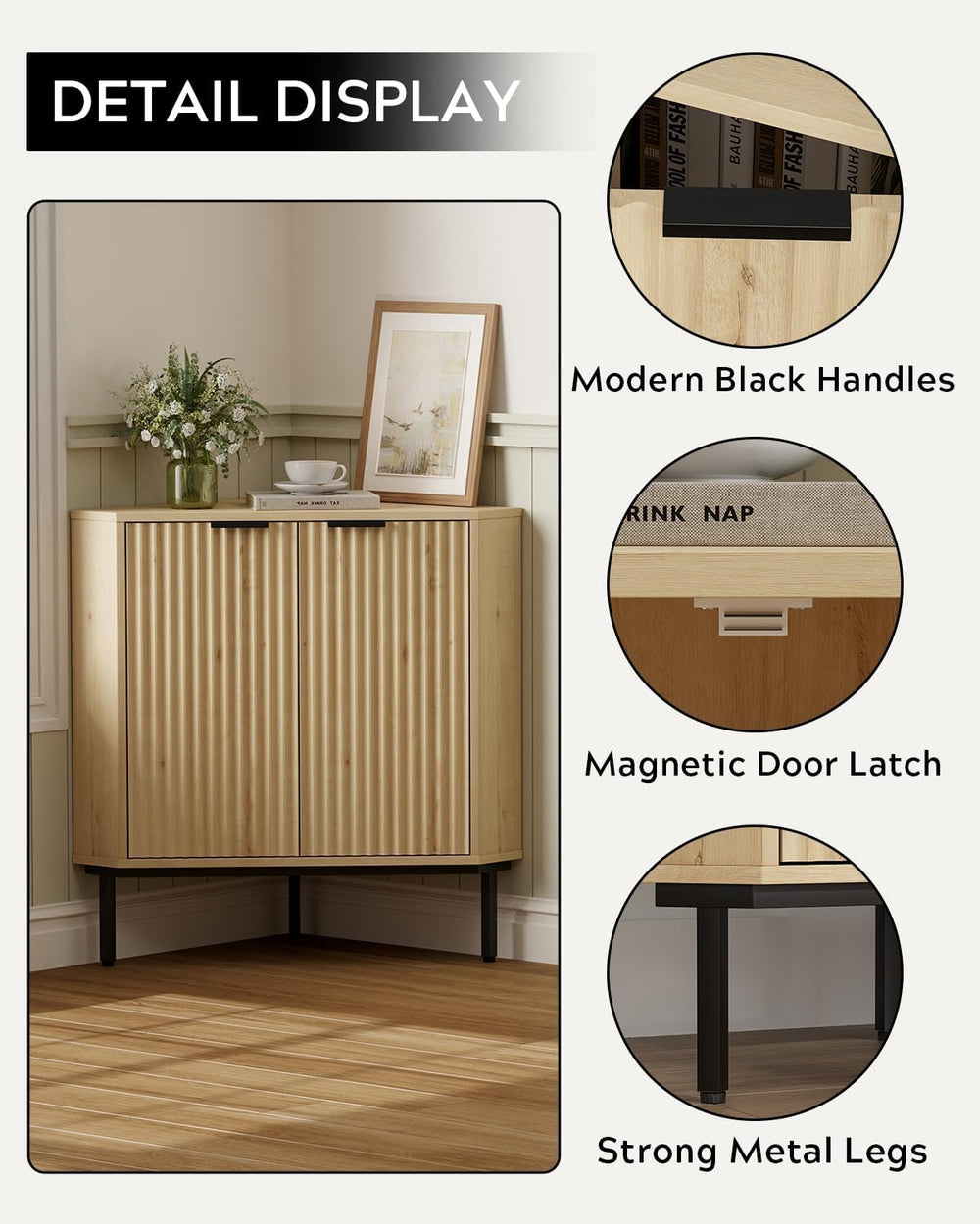 Modern Corner Cabinet, Fluted Wood Floor Storage Cabinet with Adjustable Shel...