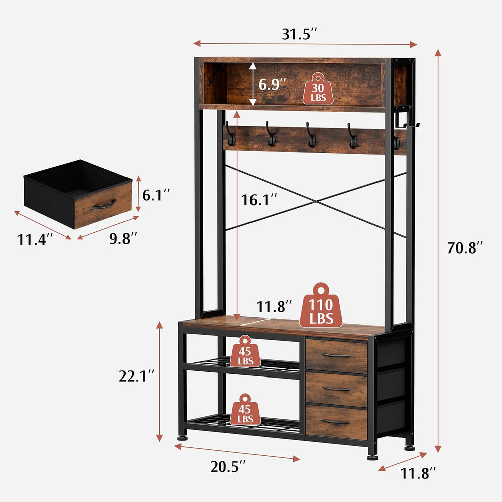 Hall Tree with Bench & 3 Drawers Storage 31.5" Coat Rack Entryway Or...