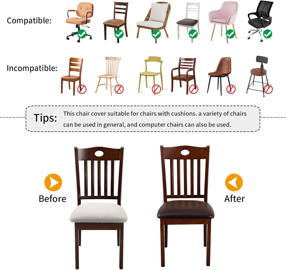 Fuloon Dining Chair Seat Covers 6 PCS, Solid Pu Leather Waterproof Seat Cushi...