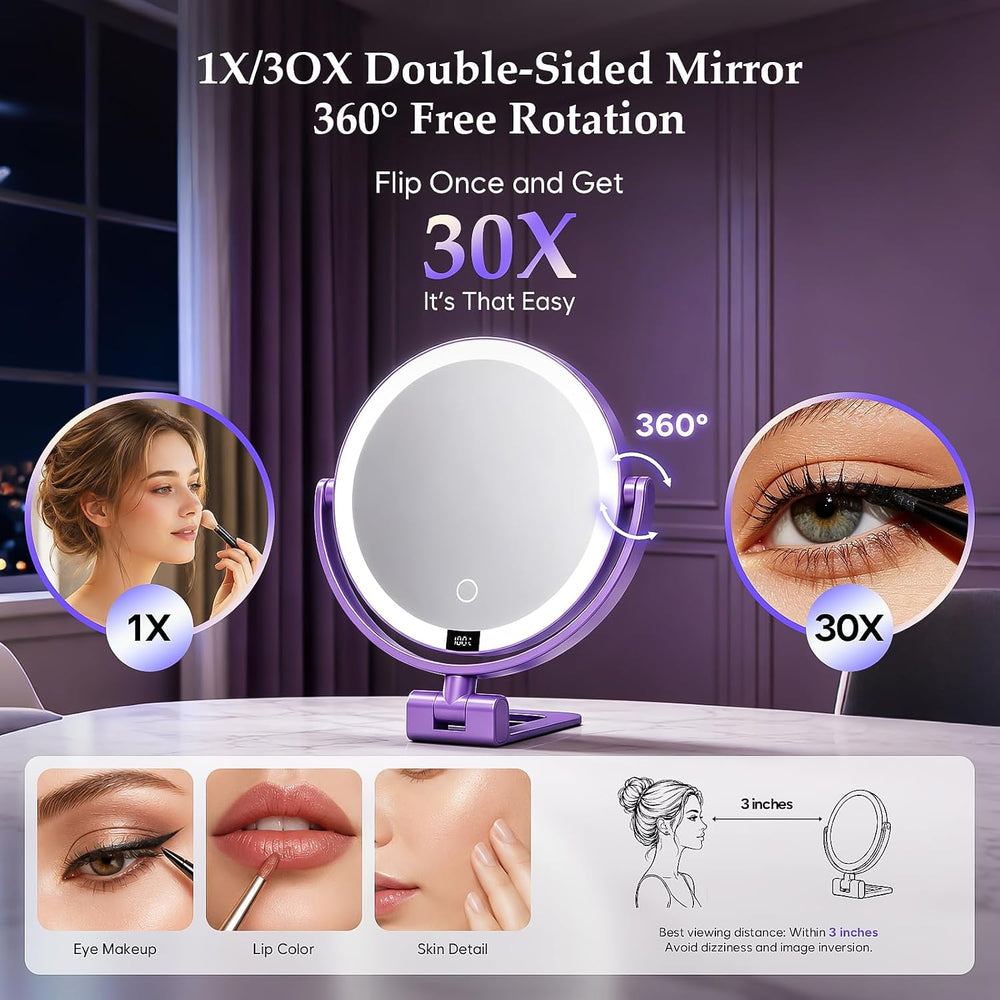 1X/30X Makeup Mirror with Lights, Magnifying Mirror (Purple)