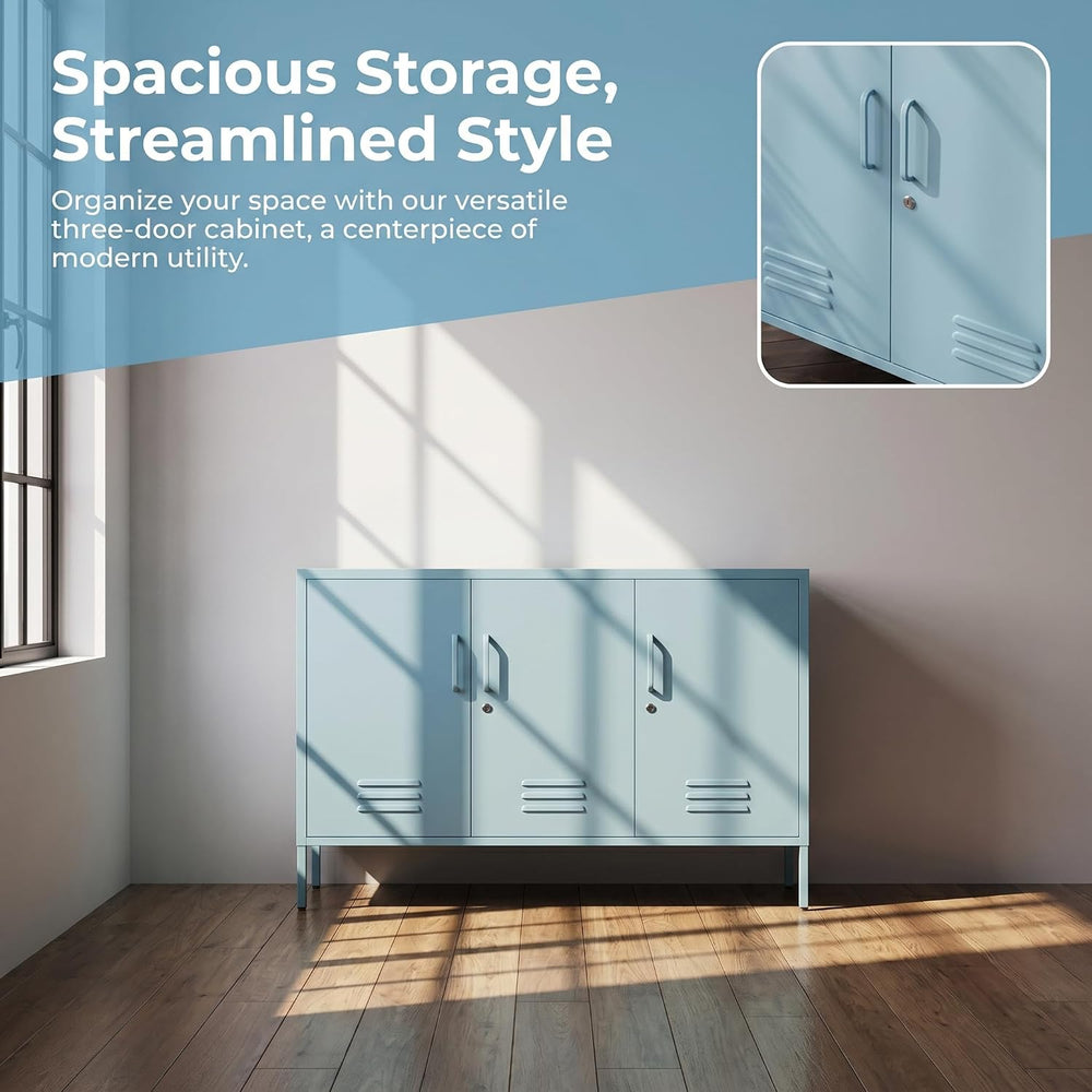 47.3" Wide Blue 3-Door Lockable Metal Storage Cabinet, Heavy-Duty Multip...