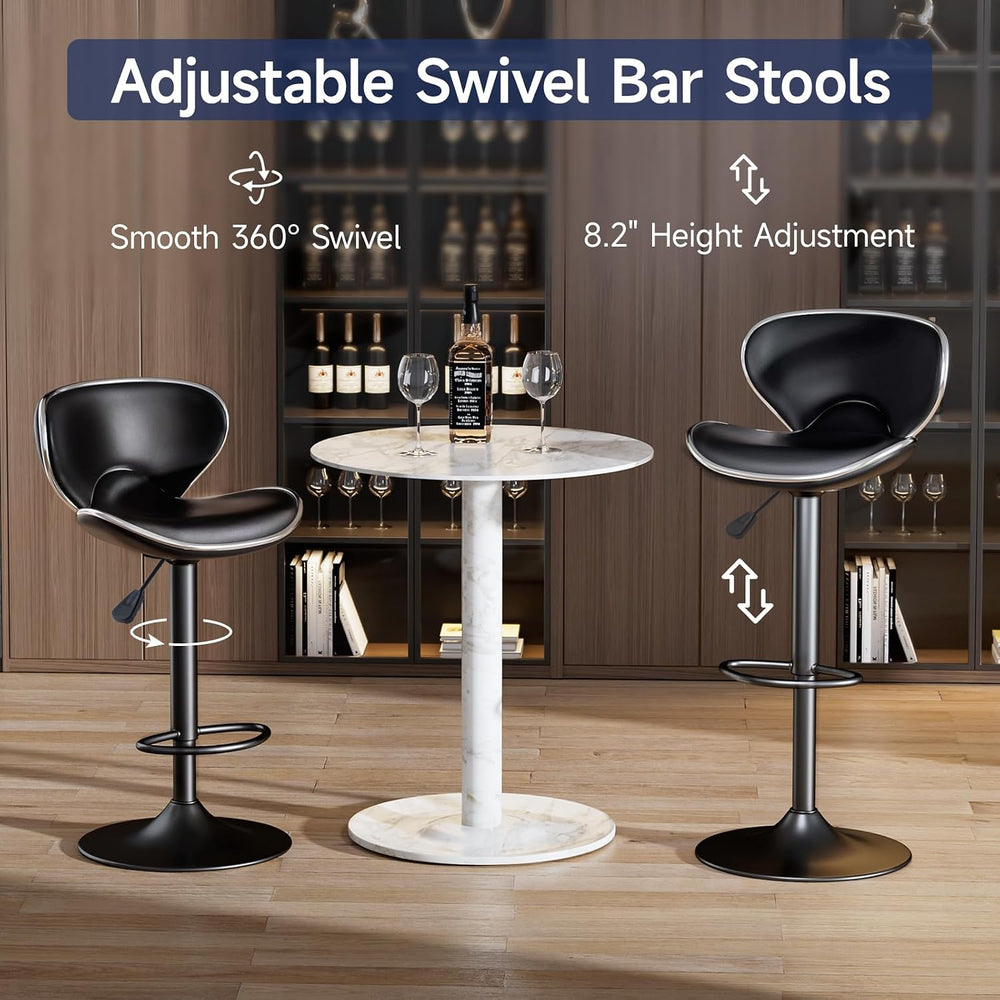 Bar Stools Set of 2 Adjustable Swivel PU Leather Black, Matte Black Base