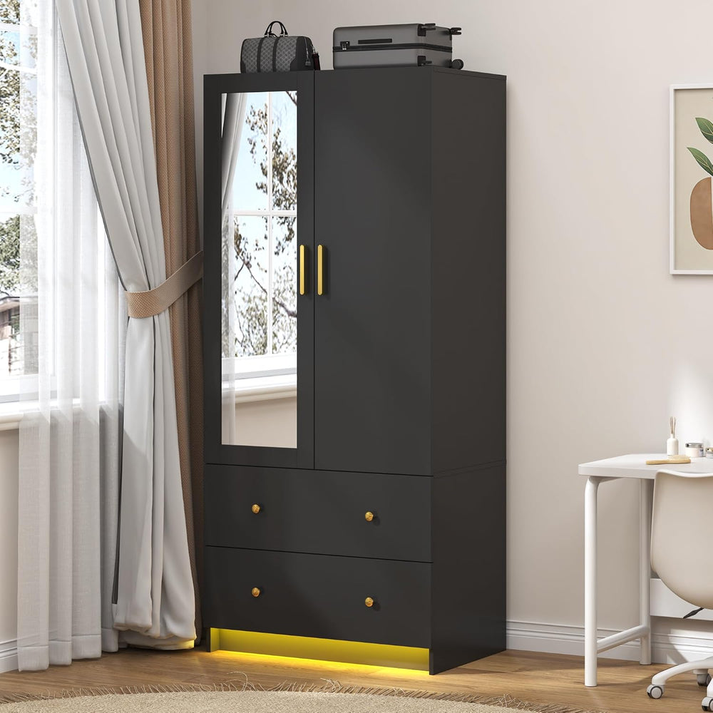 jiteentarou 2 Door Wardrobe Closet with Mirrors and LED Lights, Small Bedroom...