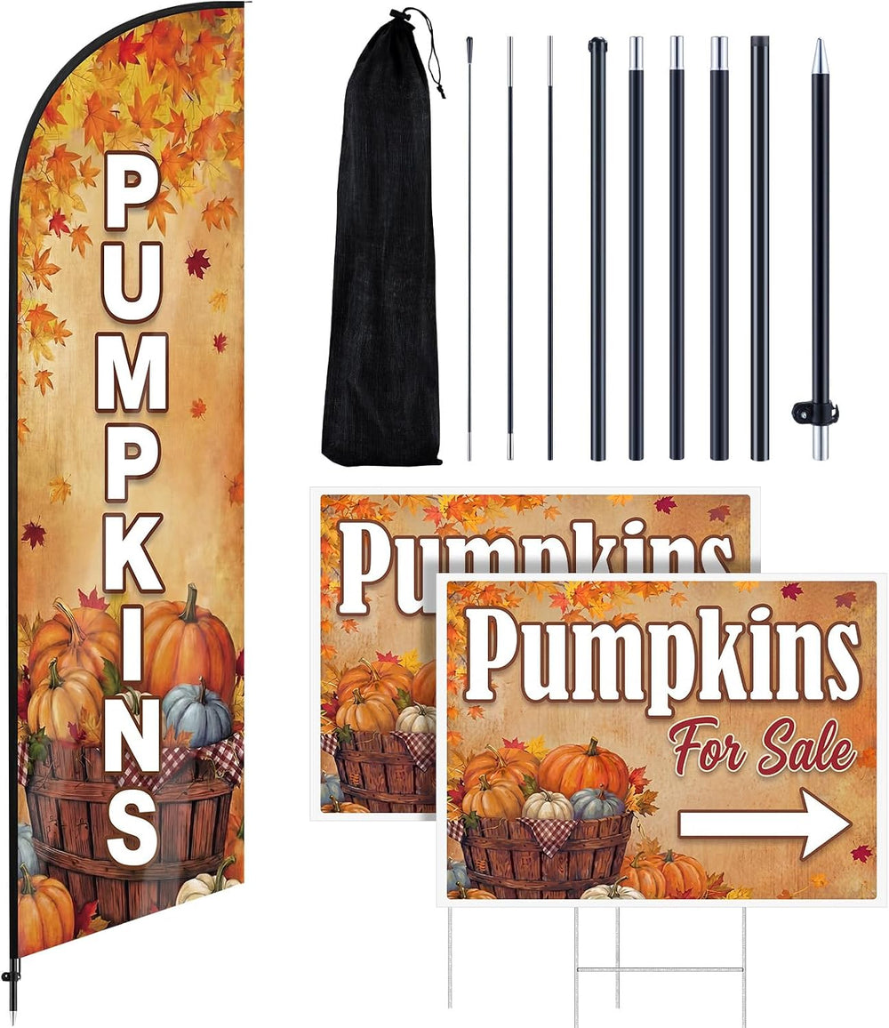 3pcs Fall Pumpkins Feather Swooper Flag Kit, Yard Sign with Pole Stake