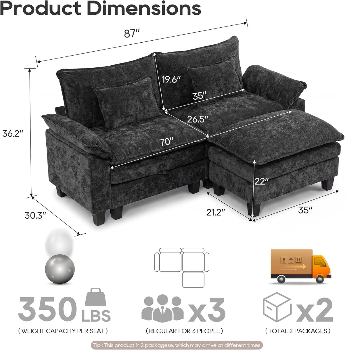 URRED Oversized Modular Sectional Sofa，Black：87" L Shaped
