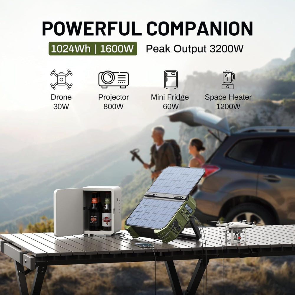 BROWEY 1600W (3200W Peak) Portable Power Station with Built-in Solar Panel
