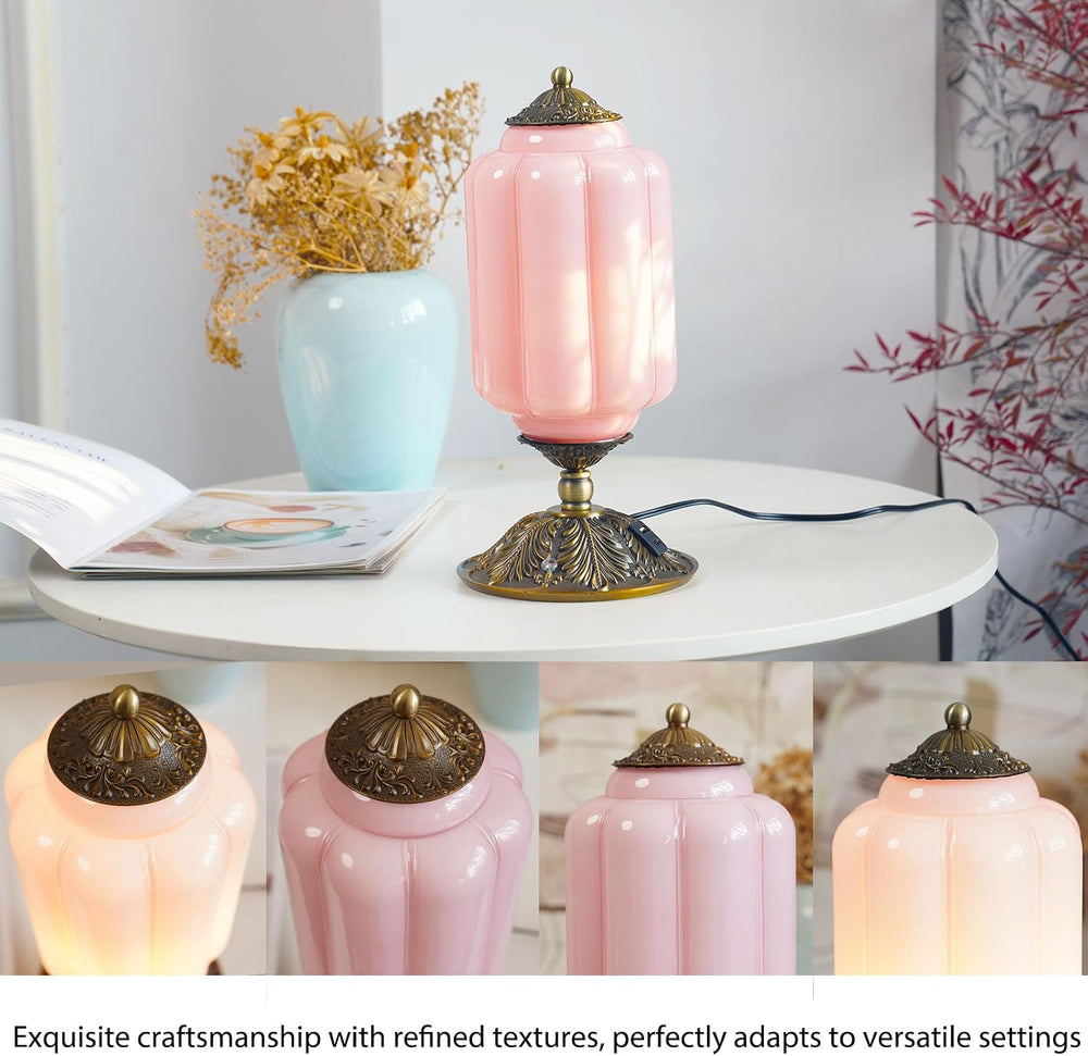 Vintage Pink Milk Glass Touch Bedside Lamp, 3-Way Dimmer, USB-C+A