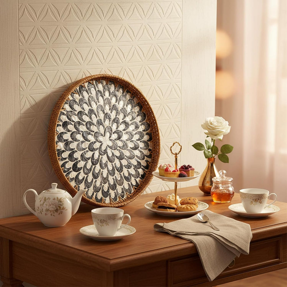 16" Round Rattan Tray Mother of Pearl Inlay Wood Base, Black, Plume