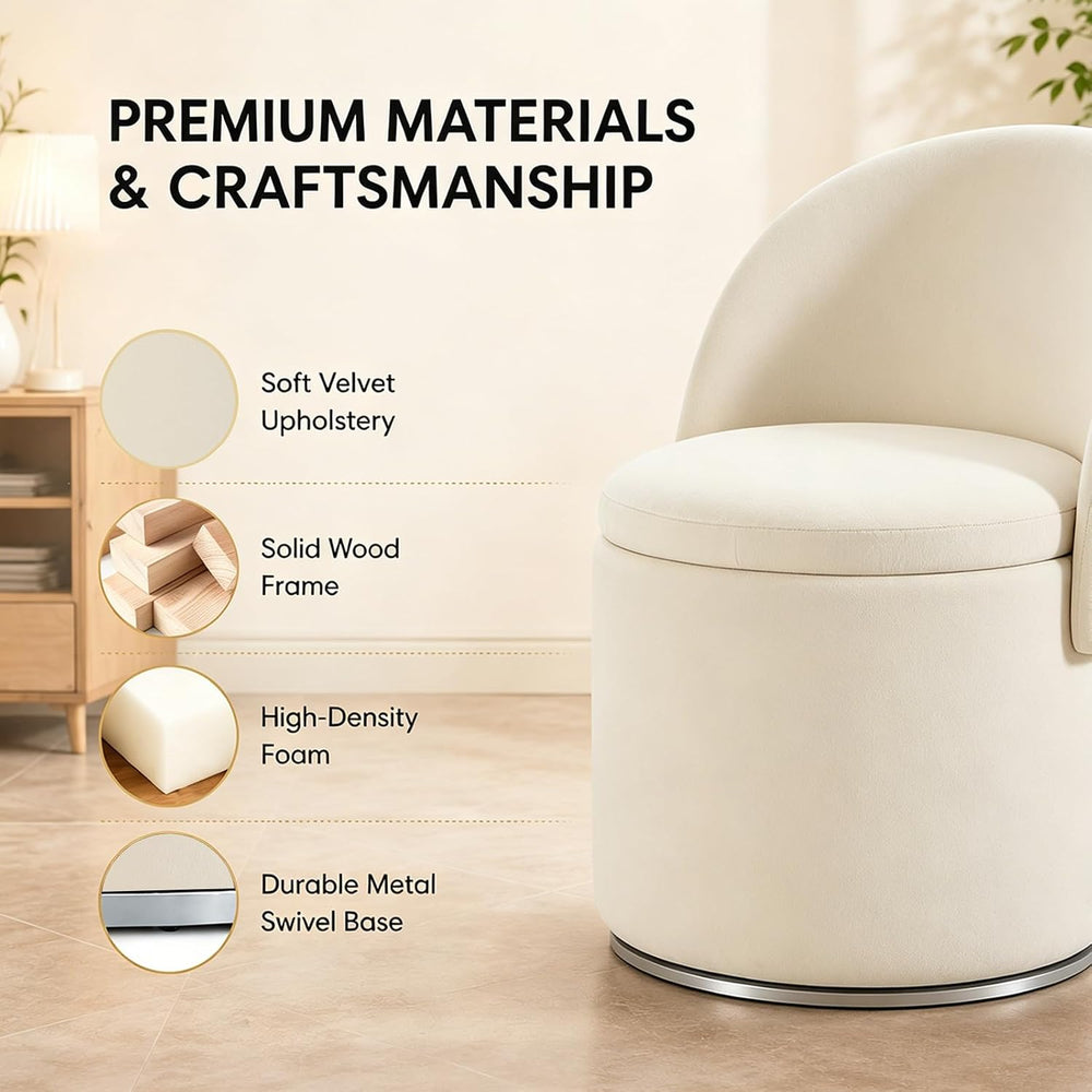 360° Swivel Vanity Chair with Backrest, Modern Accent Chair with Storage