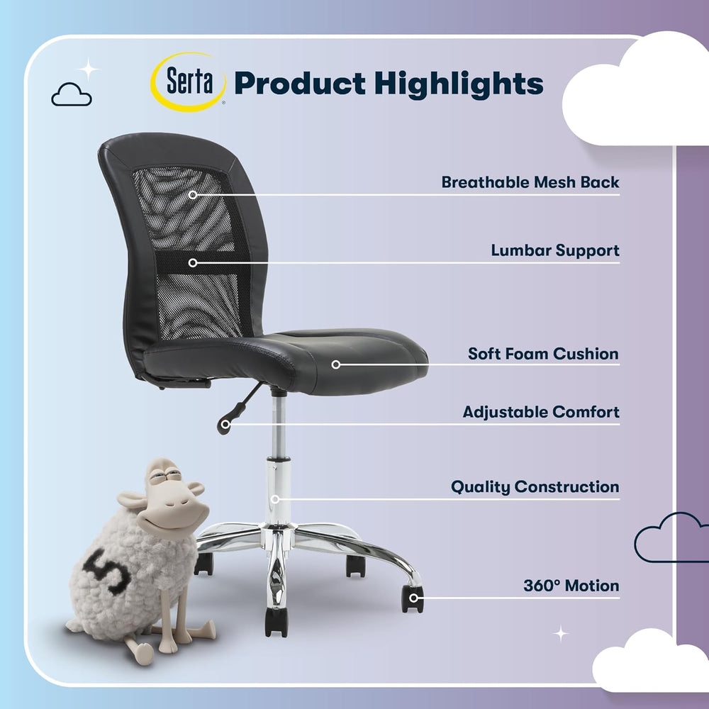 Serta Armless Small Home Desk Chair with Wheels, Ergonomic Mesh Back Chair