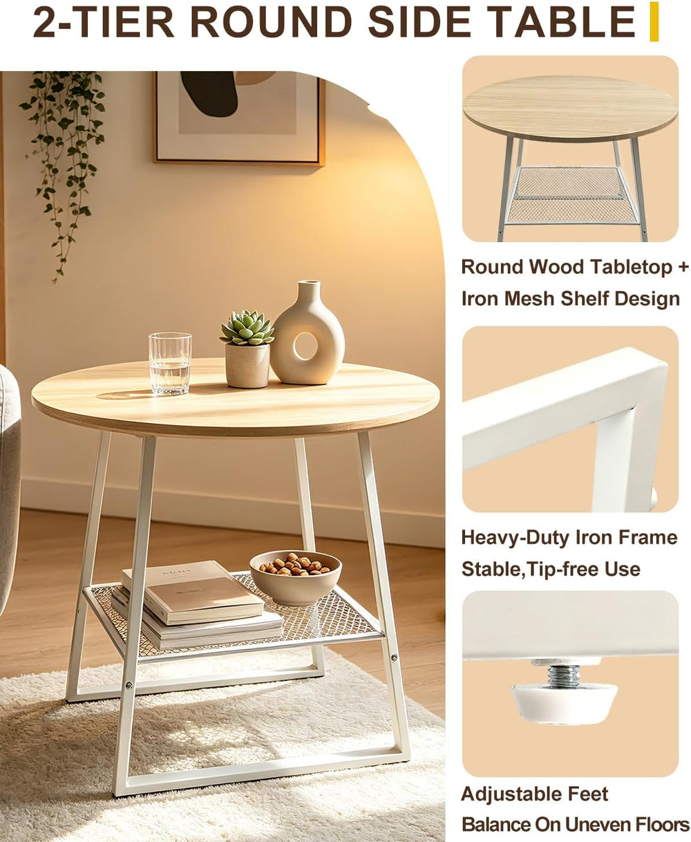 Lightdot 2‑Tier Round Side Table, Walnut End Table with Metal Mesh Shelf