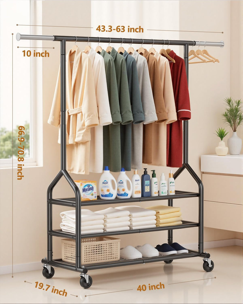 EAGMAK Heavy Duty Clothing Rack, Rolling Clothes Rack with 3 Shelves, Black