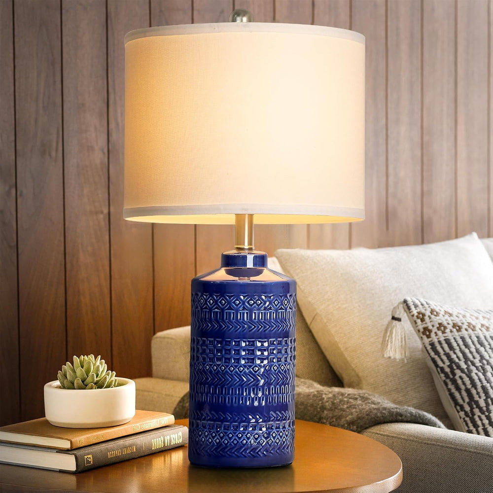 JUNNAI 24.5" Navy Blue Table Lamp Modern Bedside Ceramic Lamps for Livin...