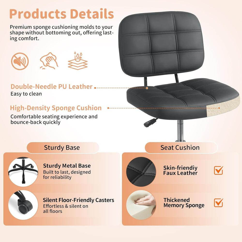 Armless Office Desk Chair, Small Drafting Desk Chairs with Wheels - Black