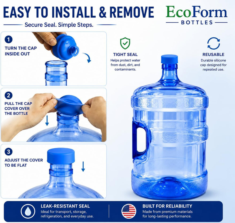 EcoForm 5 Gallon Water Jug with 2 Reusable Silicone Caps - BPA-Free Refillabl...