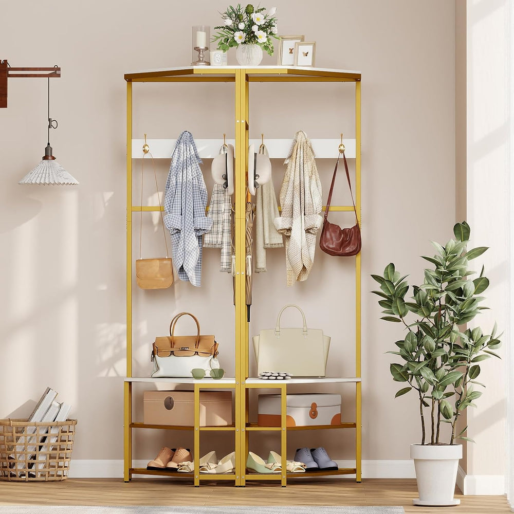 GOFLAME Corner Hall Tree, Freestanding Coat Rack Stand with Storage Shelves, ...