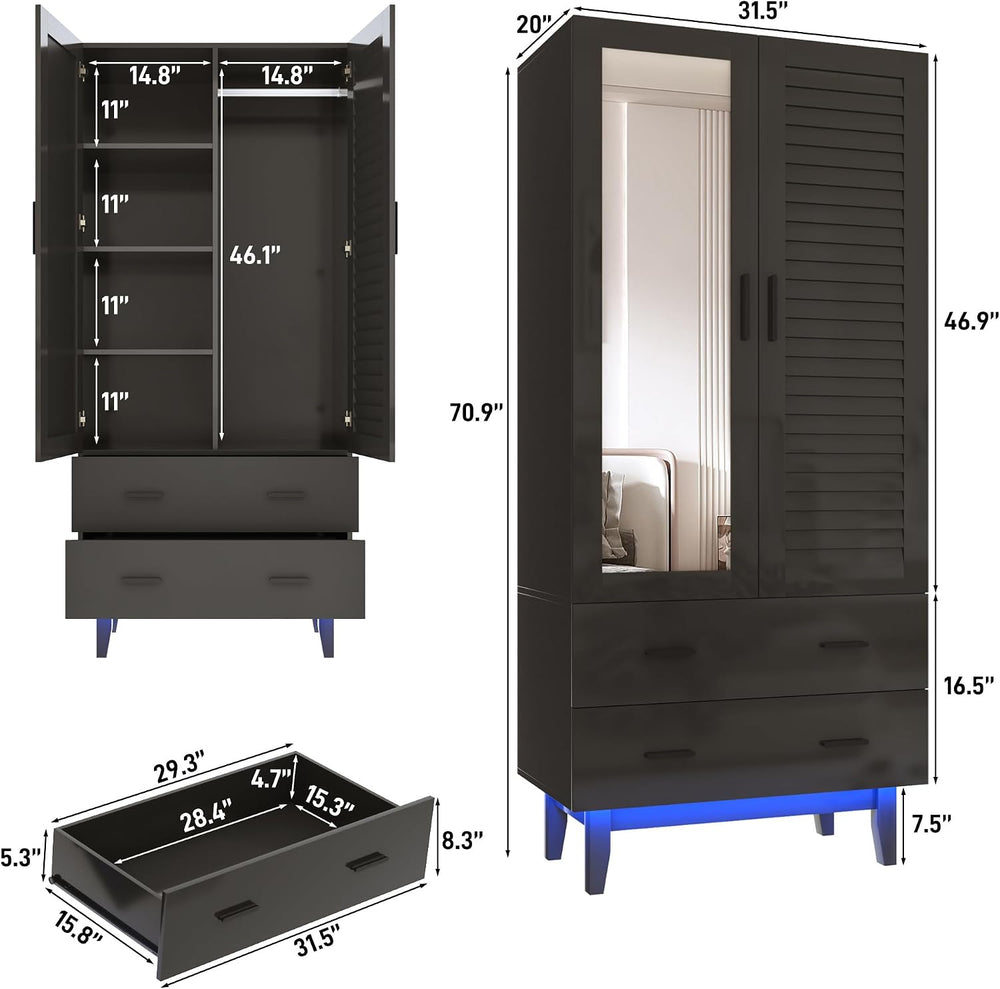 jiteentarou 2 Door Armoire Wardrobe Closet Cabinet with Drawers and LED Light...