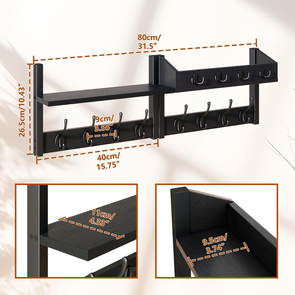 YMYNY 31.5" Coat and Key Rack Wall Mount with Shelf, Black, HWS007B-2