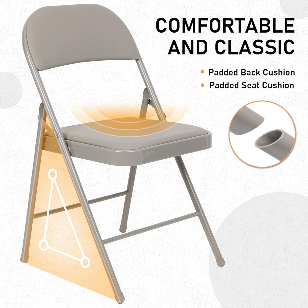 6 Pack Padded Folding Chairs, PU Leather Seat, 350 lb, Grey