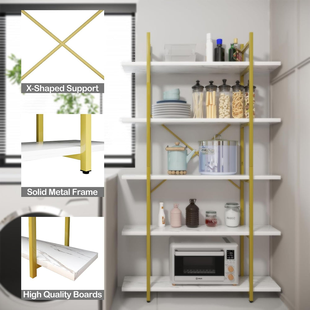 5 Tiers Bookshelf Organizer White Faux Marble Shelf,Modern Open Display Stora...