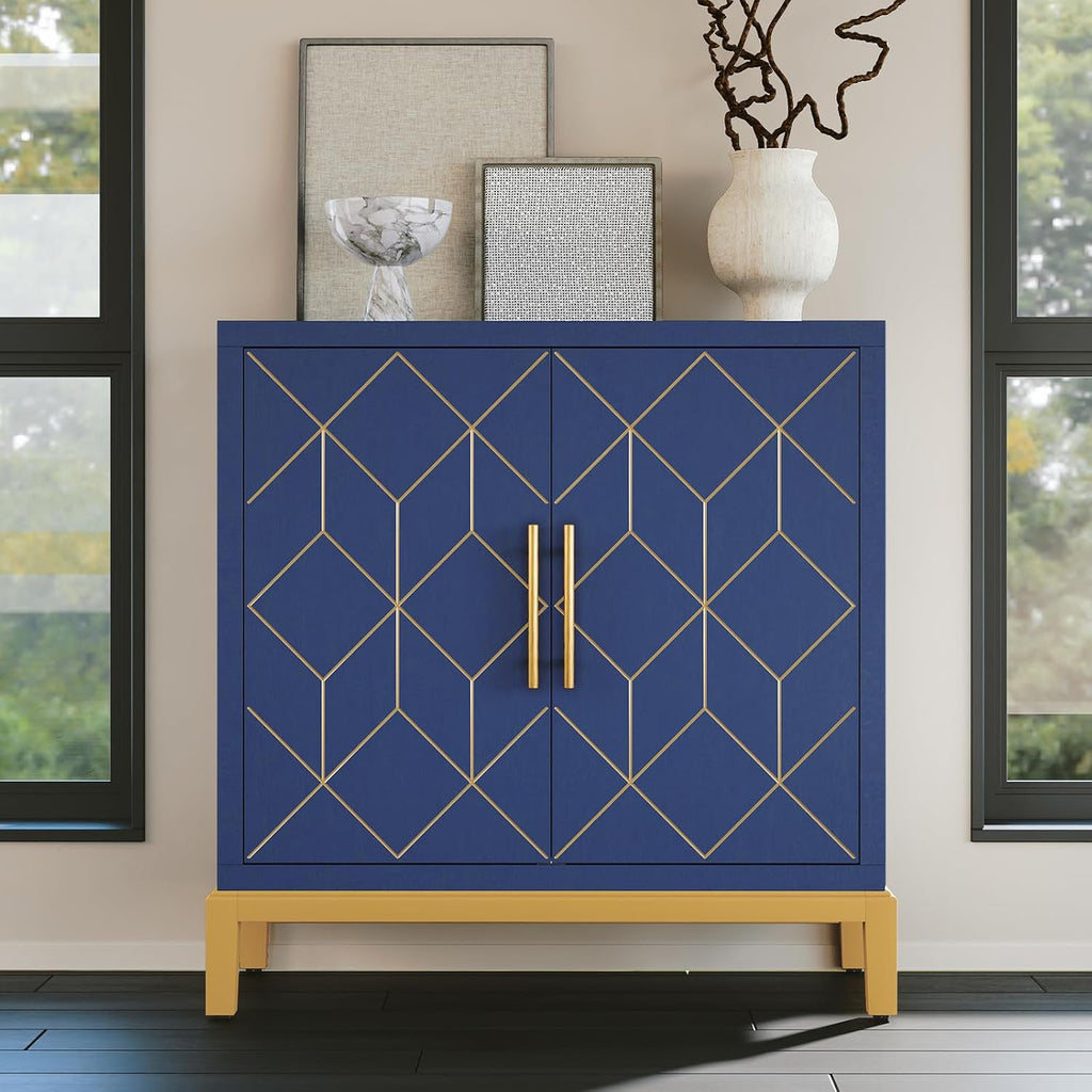 HLR Accent Cabinet with Gold Trim,Storage Cabinet with 2 Doors,Modern Wooden Sideboard for Living Room, Kitchen, Office and Hallway,Blue