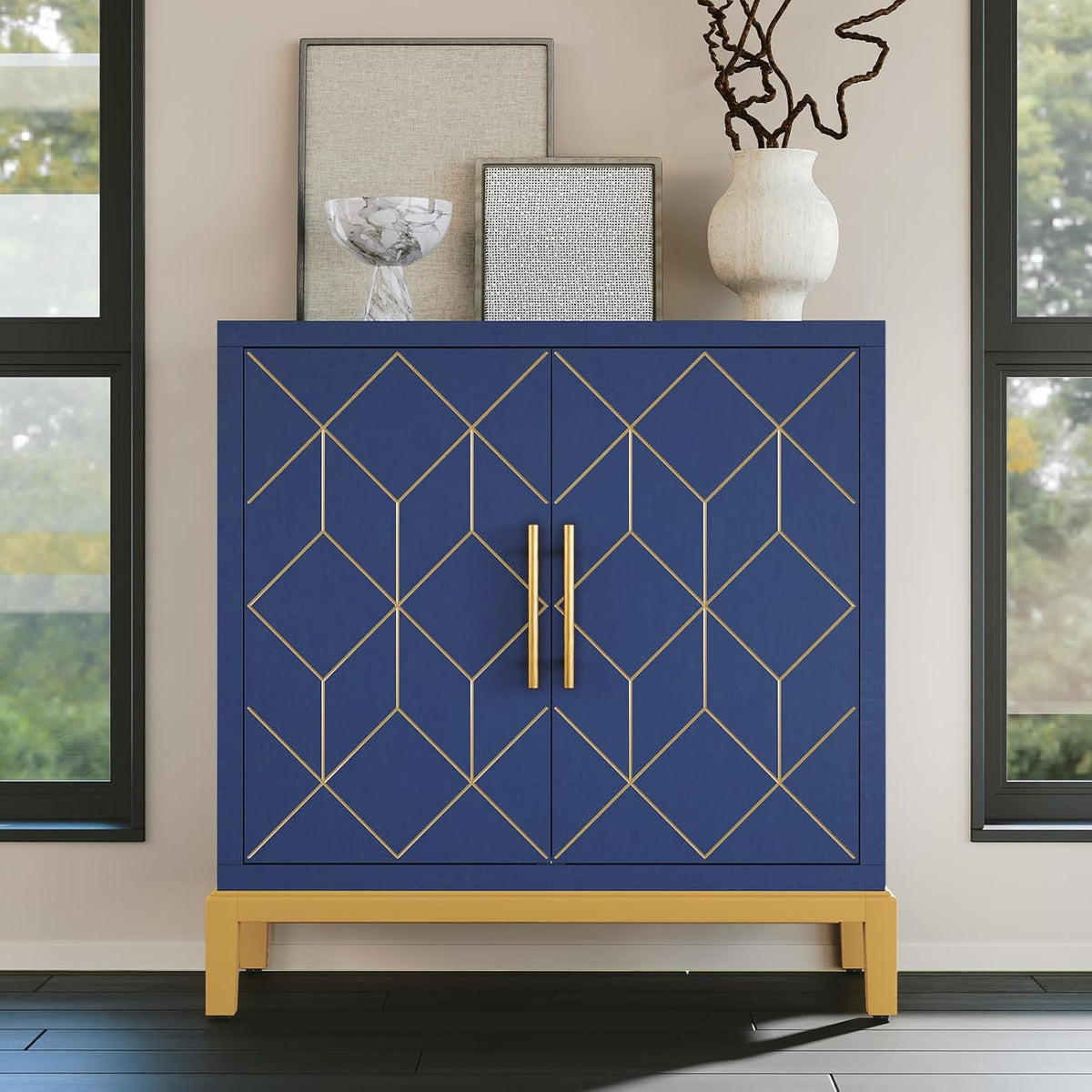 HLR Accent Cabinet with Gold Trim,Storage Cabinet with 2 Doors,Modern Wooden Sideboard for Living Room, Kitchen, Office and Hallway,Blue