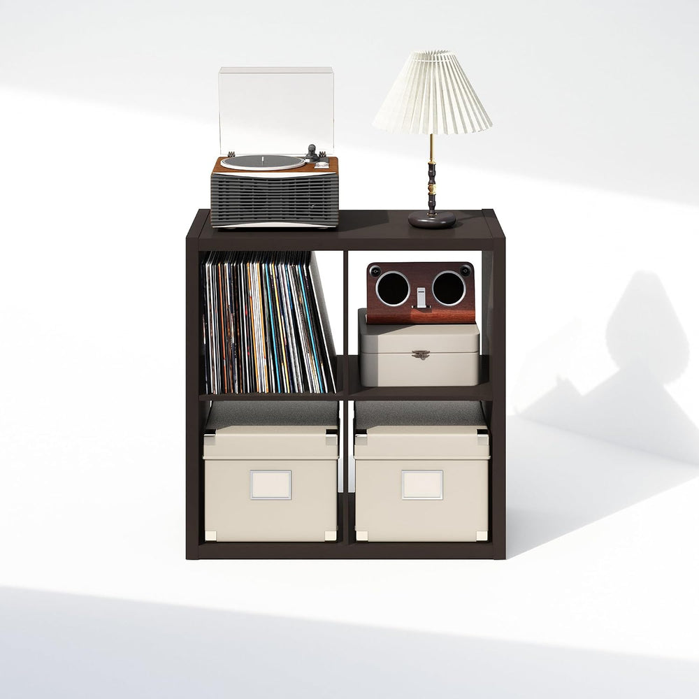 Furinno Cubicle Record Player Stand, 4-Cube Record Storage, Dark Oak