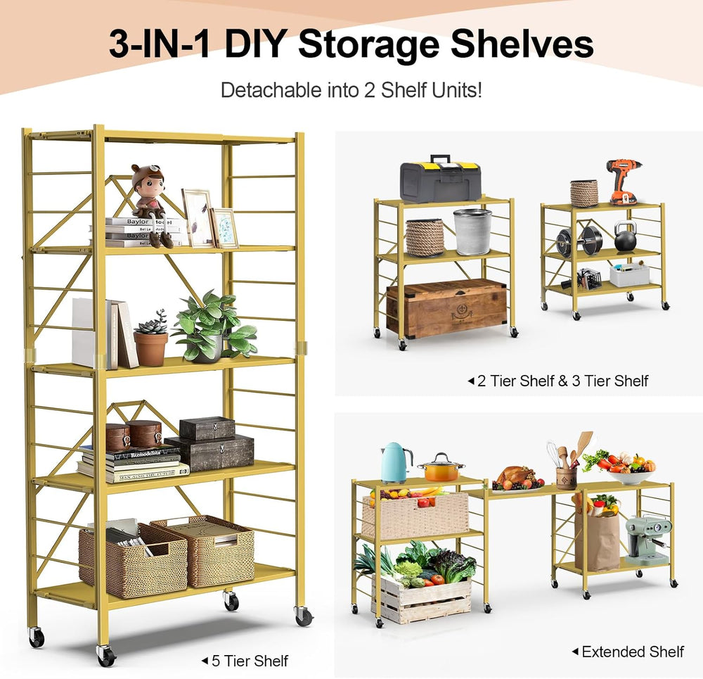 Himix 5-Tier Storage Shelf with Wheels Foldable Expandable Adjustable Gold