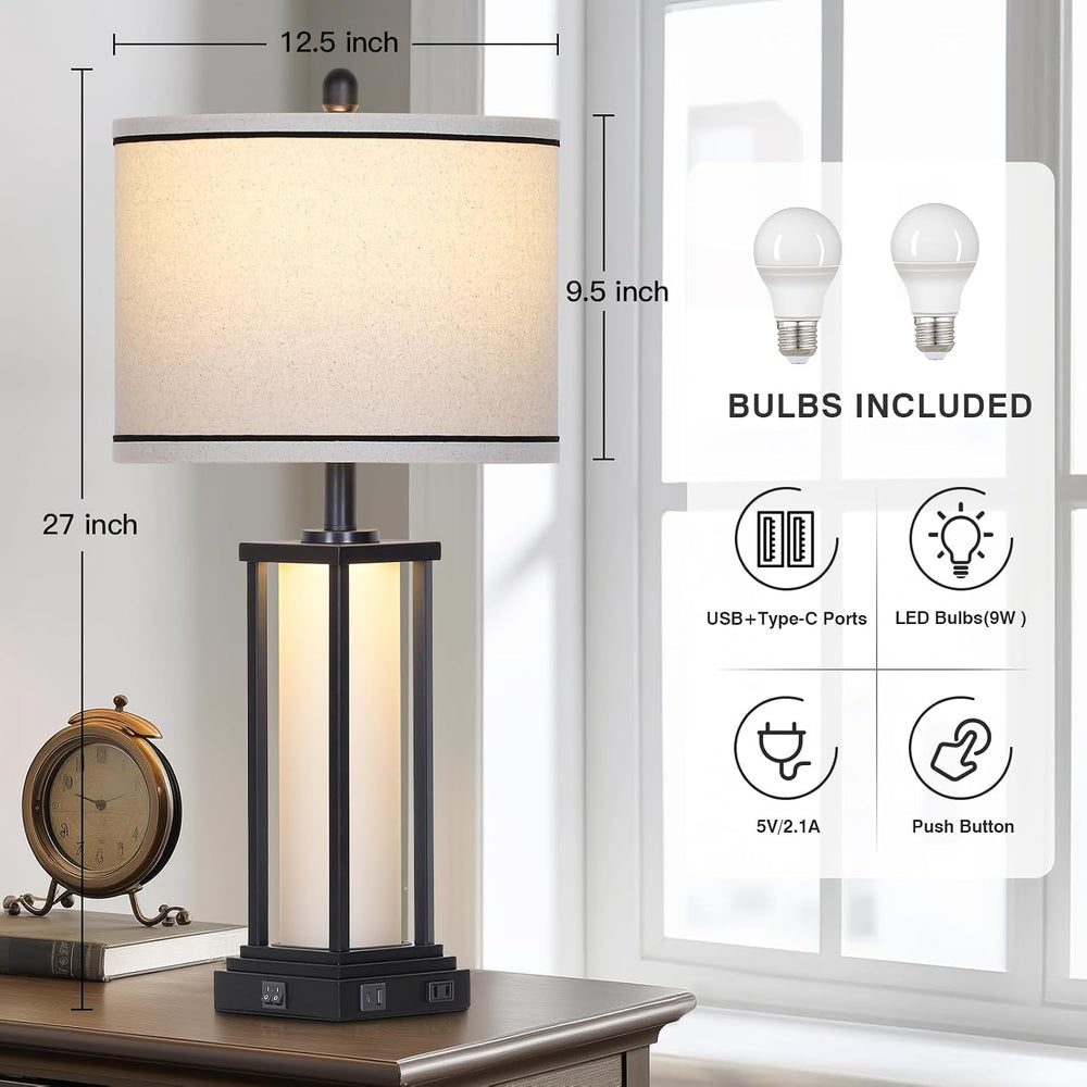 27" Tall Vintage Table Lamp Set of 2 with USB C+A & Outlet,Black Ind...