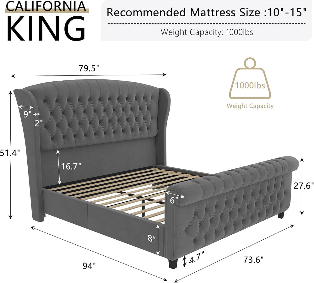 AMERLIFE California King Upholstered Sleigh Bed Frame with Headboard