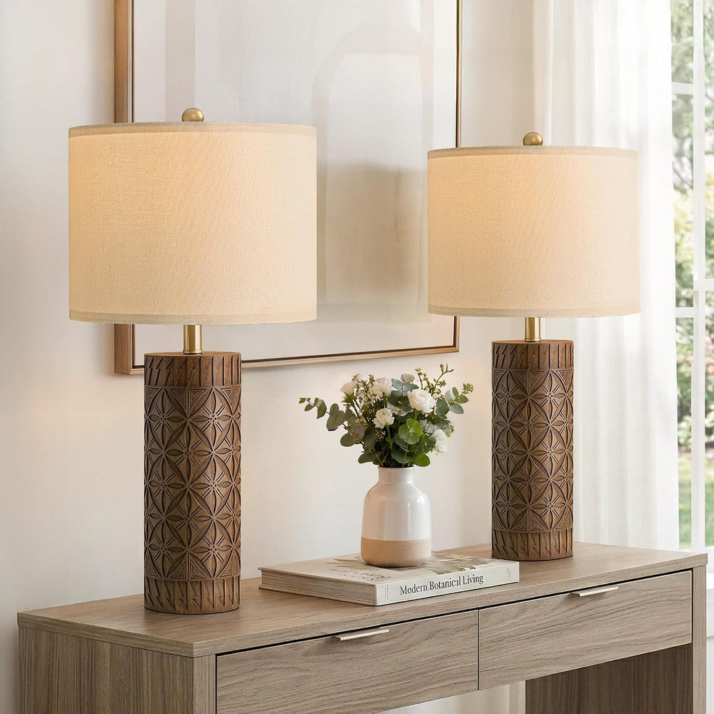 BOBOMOMO 24.25" Modern Farmhouse Table Lamps Set of 2, Geometric Wood Gr...